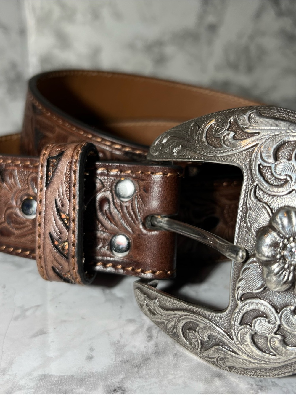 Nocona Brown Tooled Leather Belt with Ornate Silver Buckle - Picture 12 of 12